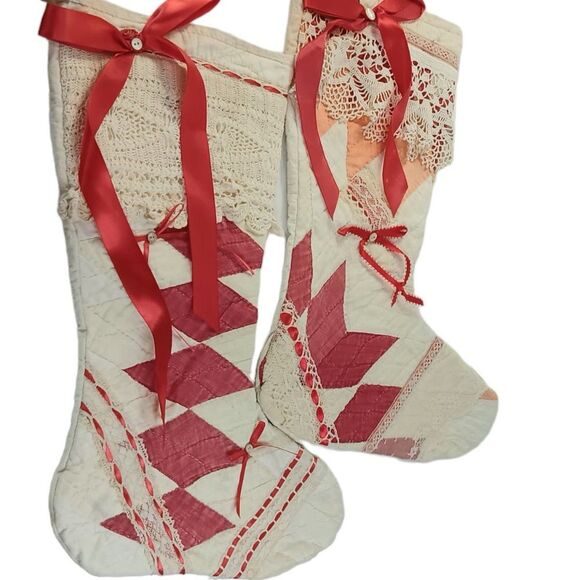 Christmas Stocking Set Vintage Quilt and Lace Two Red Cream Cottage Farmhouse - Picture 2 of 16